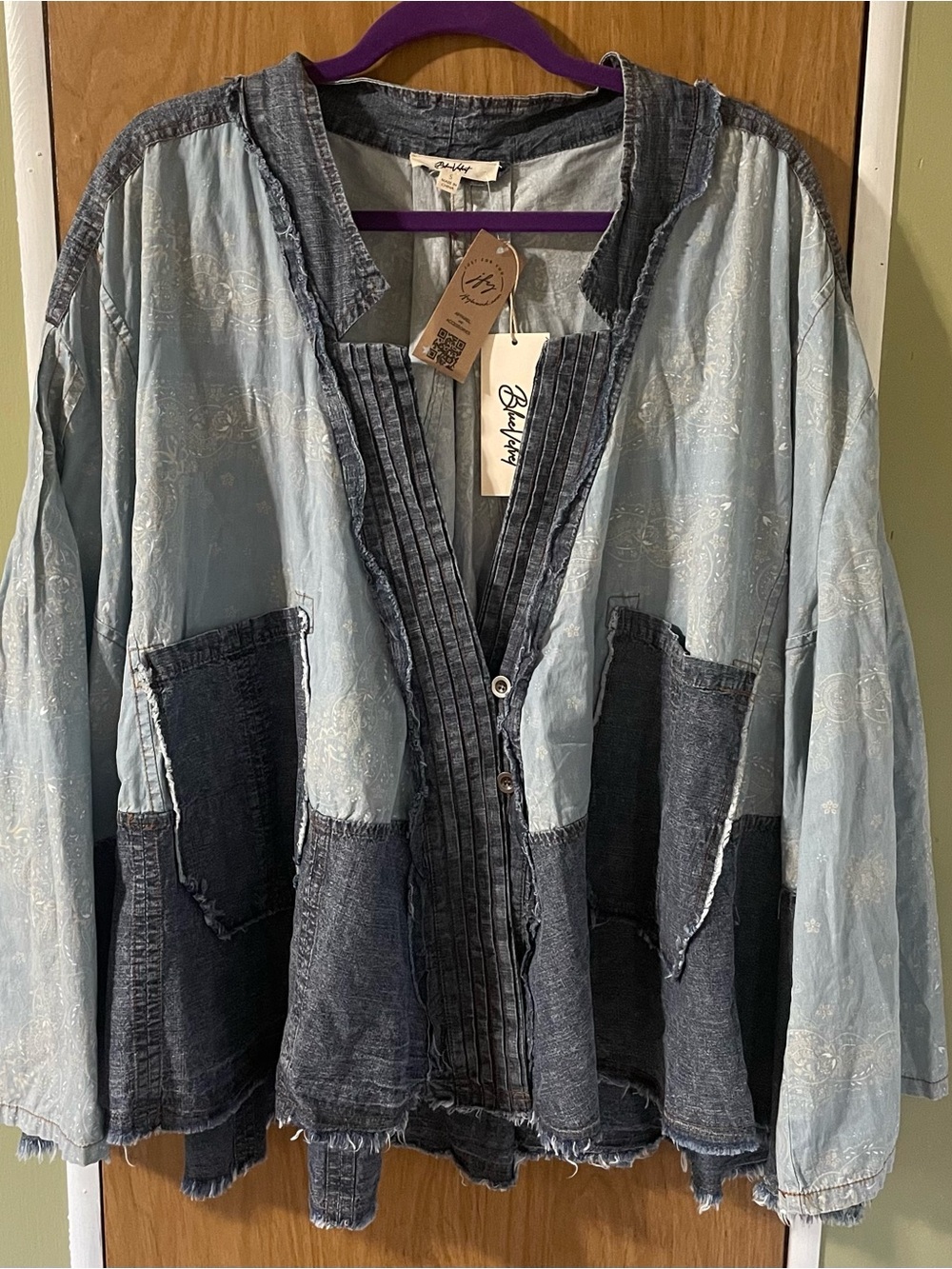 NWT Blue Velvet Unexpected Turn Denim Patchwork Kimono Jacket Frayed Hem S